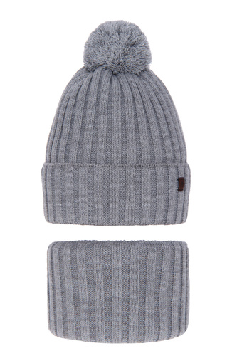 Pojke vinter set: mössa och tubhalsduk, grå, med pompom, Wiliam