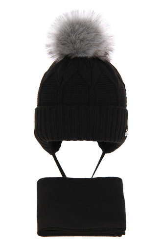Flicka vinter set: mössa och halsduk, svart, med knytband, med pompom, Altina