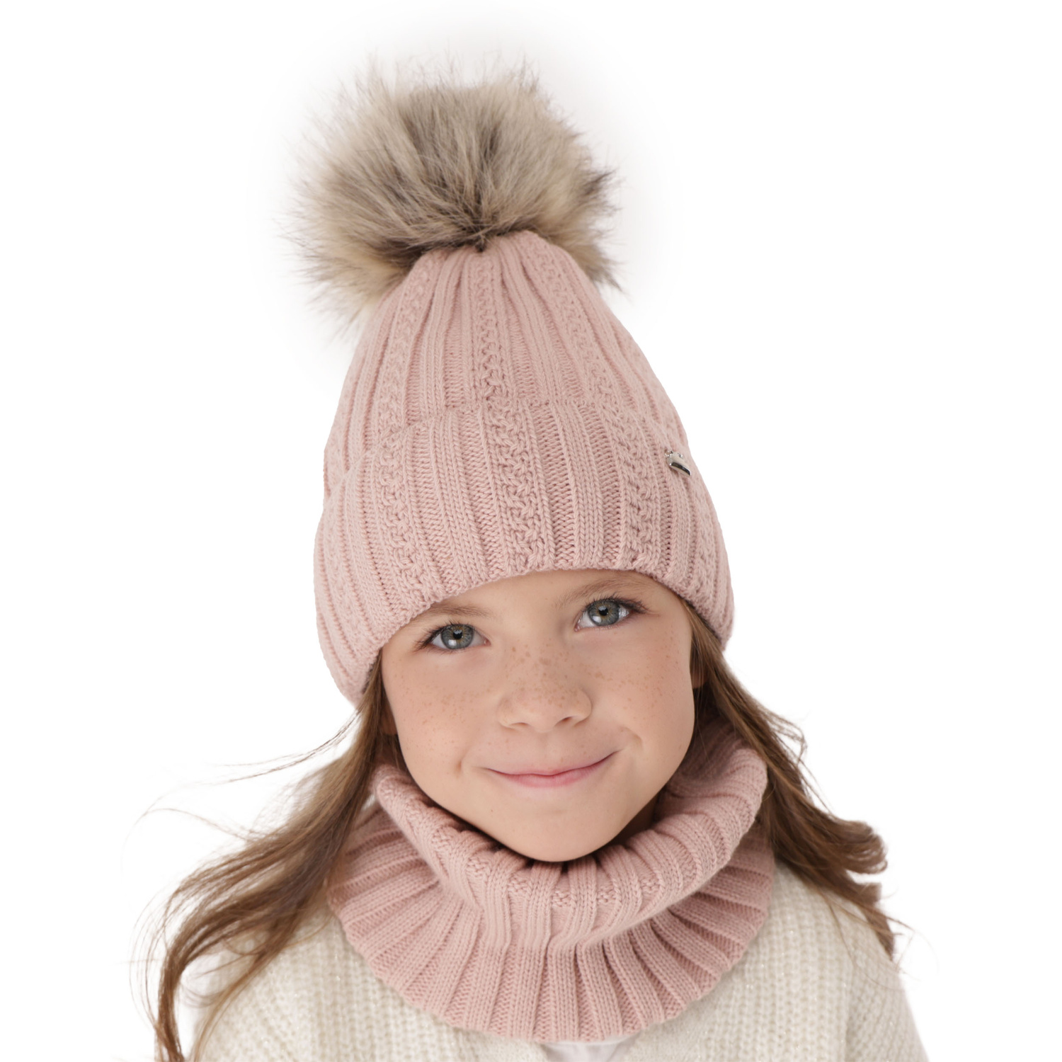 Flicka vinter set: mössa och tubhalsduk, rosa, med pompom, Wirginia