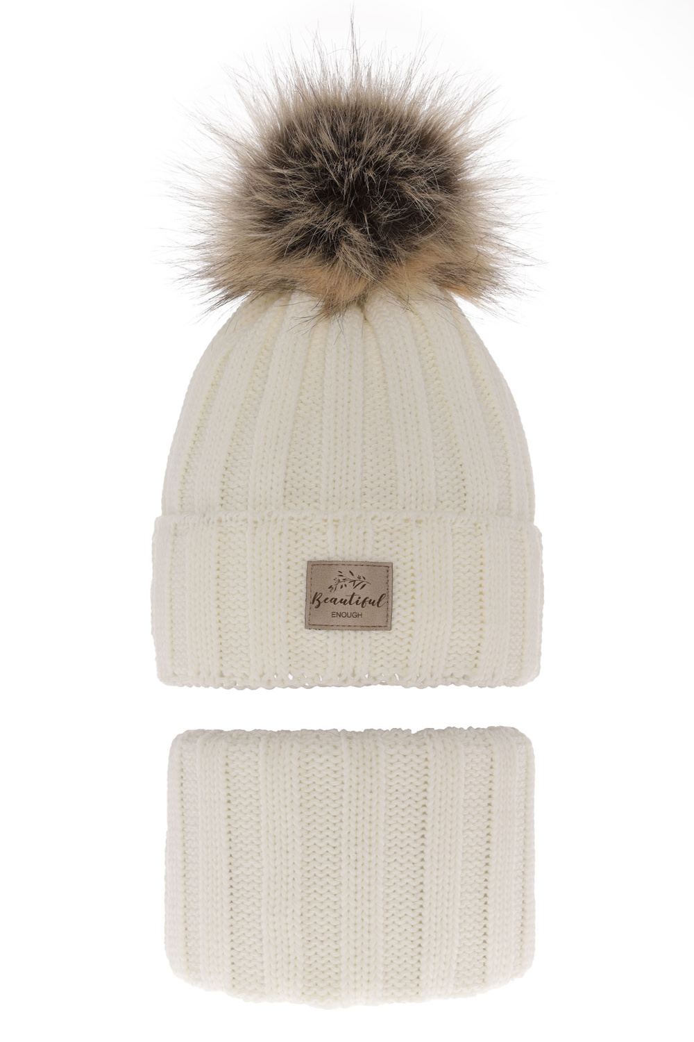 Flicka vinter set: mössa och halsduk, kremowy, med pompom, Kaliope