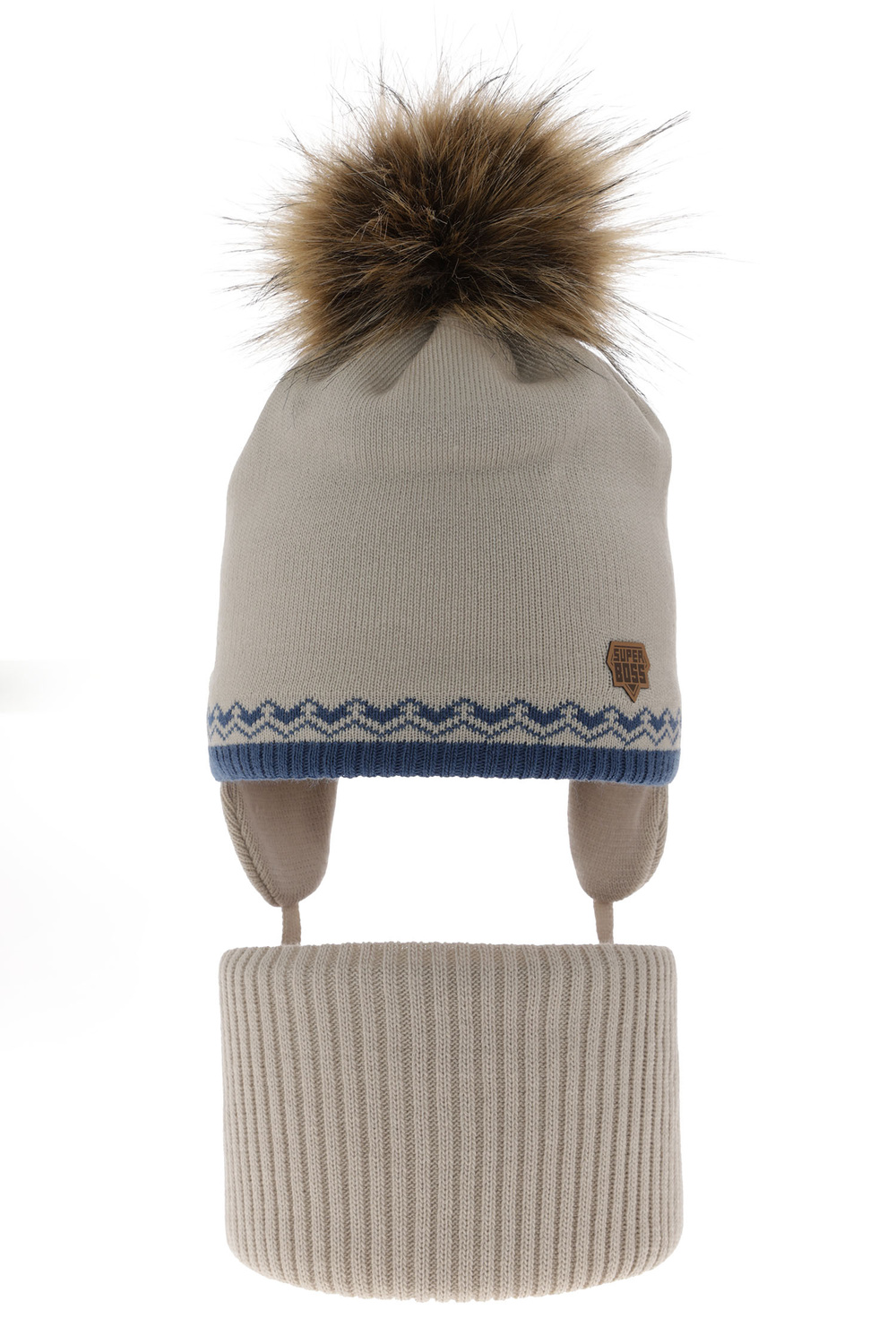 Pojke vinter set: mössa och halsduk, beige, med knytband, med pompom, Elpis
