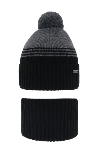 Pojke vinter set: mössa och tubhalsduk, svart, med pompom, Pallas