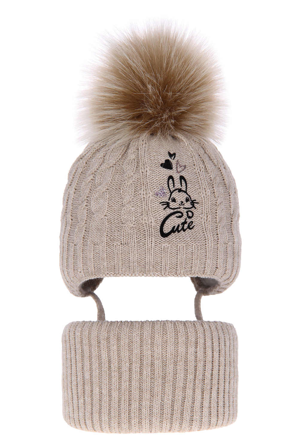 Flicka vinter set: mössa och tubhalsduk, beige, med pompom, Treccia