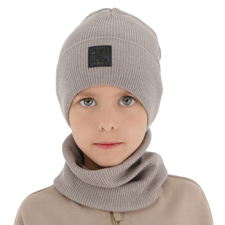 Pojke höst/vår set (mössa och tubhalsduk), beige, med bomull, Jonas