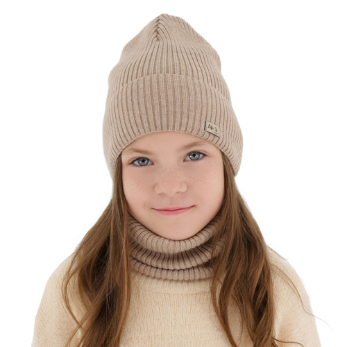 Flicka höst/vår set: mössa och tubhalsduk, gråbrun, 100% Merino Ull, Itra