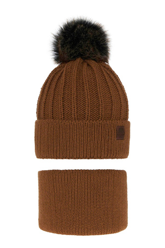 Pojke vinter set: mössa och tubhalsduk, camel, med pompom, Havier