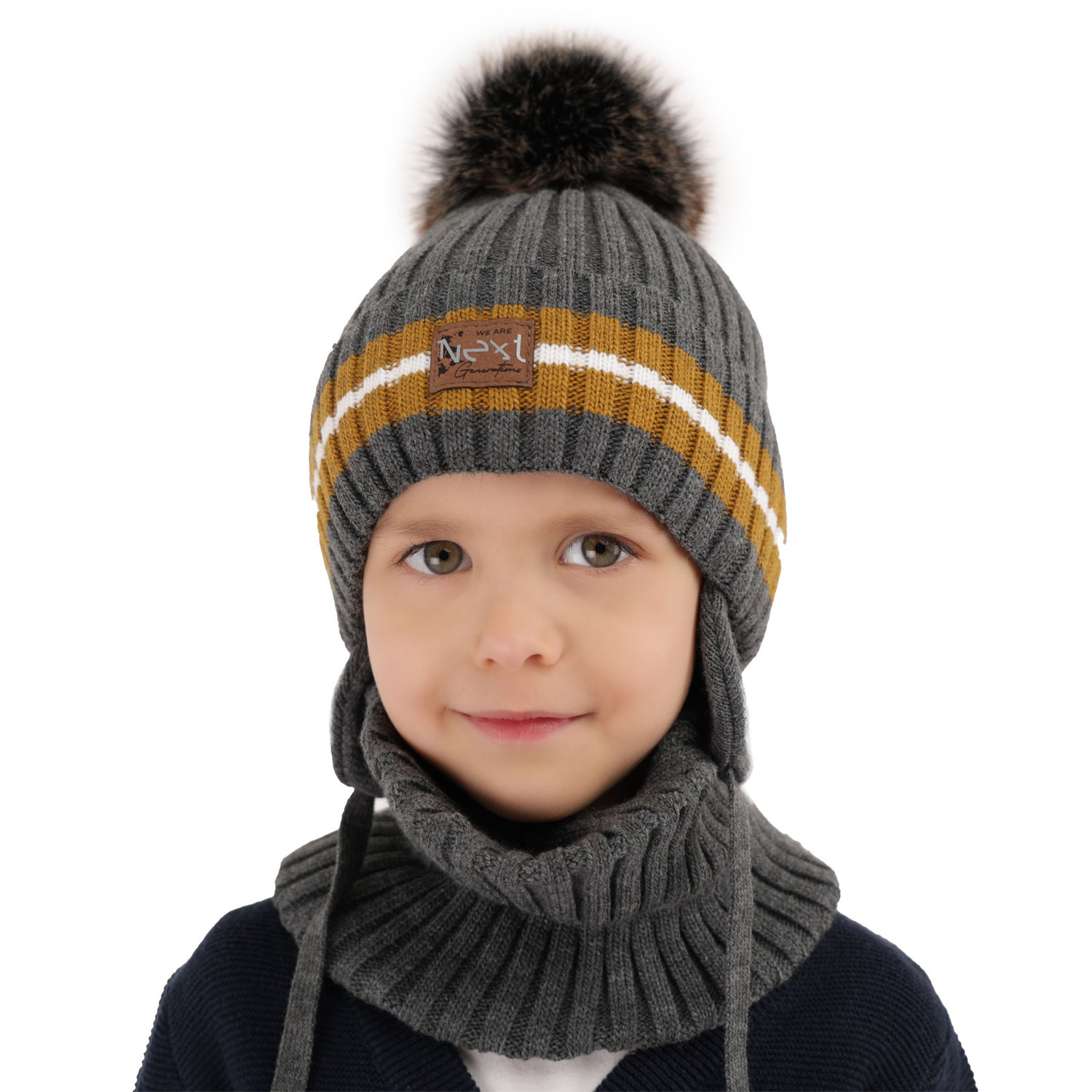 Pojke vinter set: mössa och halsduk, camel, med pompom, wiązany, Echo