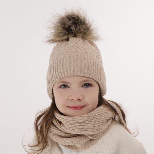 Flicka vinter set: mössa och halsduk, svart, med pompom, med knytband, Zelta