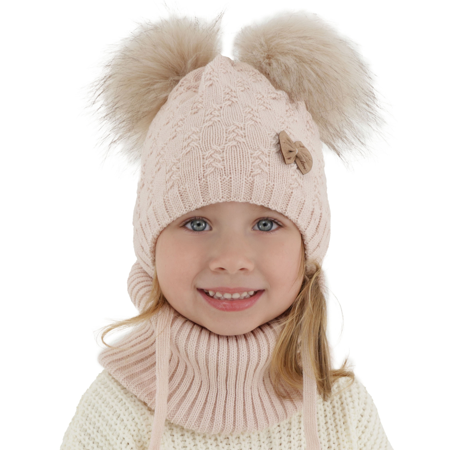 Flicka vinter set: mössa och halsduk, rosa, med två pompommar, Bettina