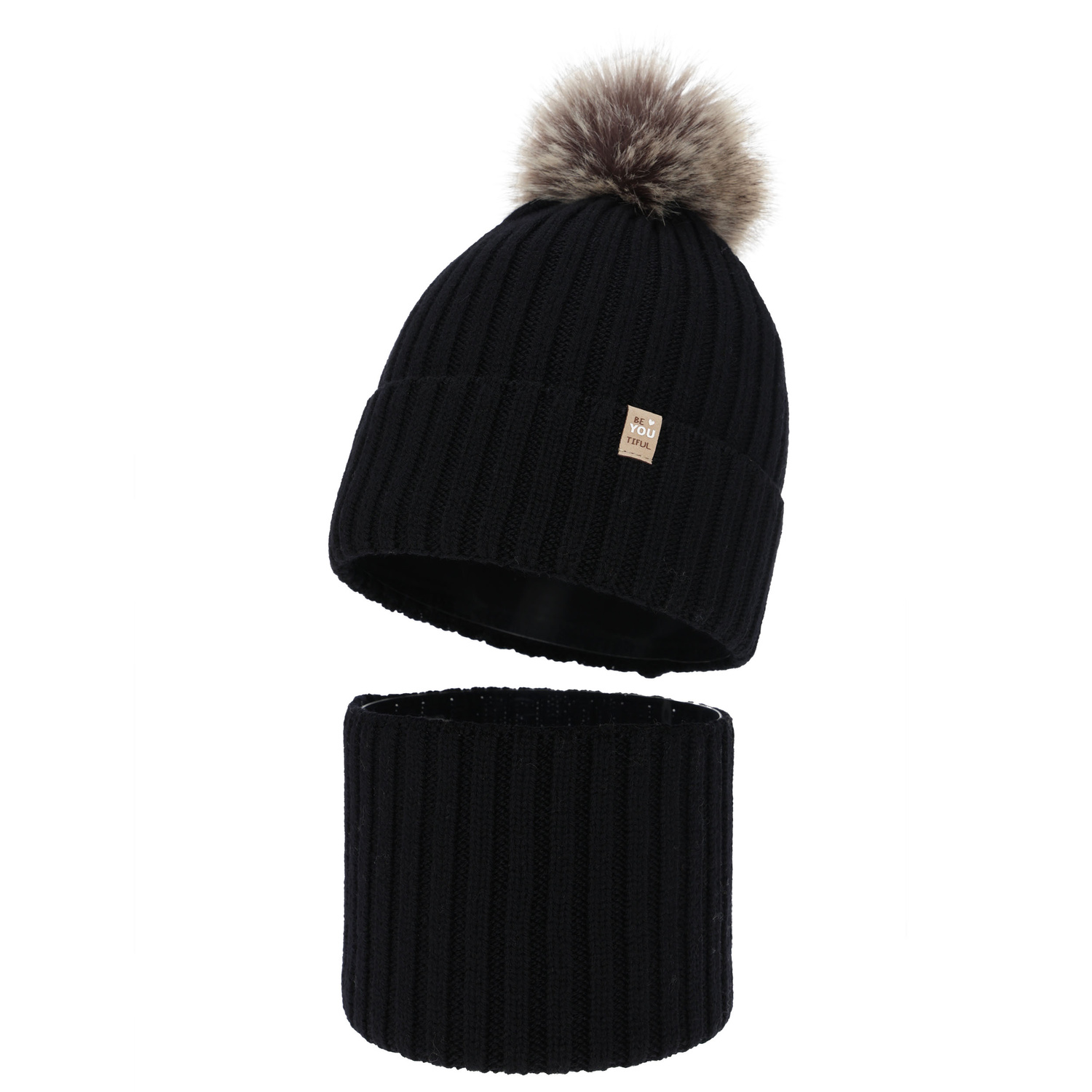 Flicka vinter set: mössa och tubhalsduk, svart, 100% Merino Ull, fodrad med bomull, med pompom, Terida