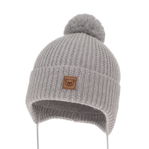 Pojke vintermössa, grå, med knytband, 100% Merino Ull, Fodrad med bomull, Tofik