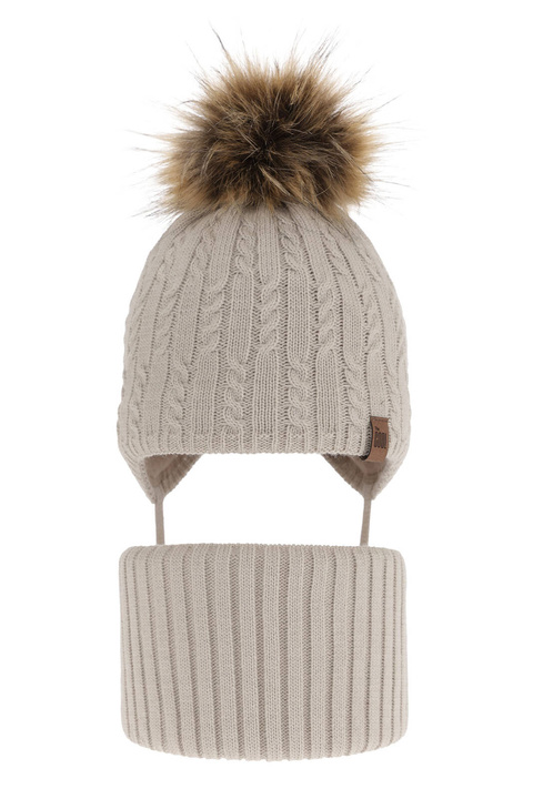 Pojke vinter set: mössa och tubhalsduk, beige, med knytband, med pompom, Indigo