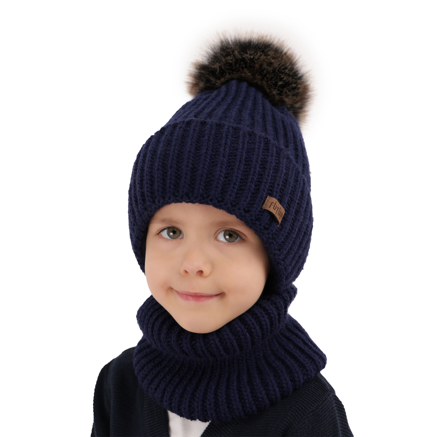Pojke vinter set: mössa och halsduk, camel, med pompom, Wonder