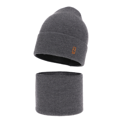 Pojke höst/vår set: mössa och tubhalsduk, mörkgrå, 100% Merino Ull, Bruce