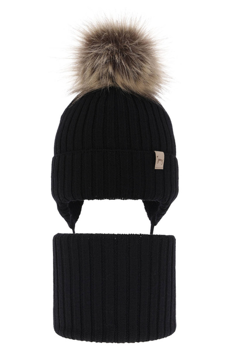 Flicka vinter set: mössa och halsduk, svart, med knytband, 100% Merino Ull, Junika