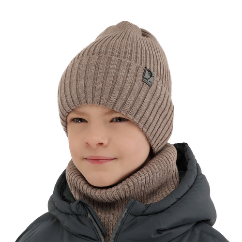 Pojke vinter set: mössa och tubhalsduk, grön, med merinull, fodrad med fleece, Gecko