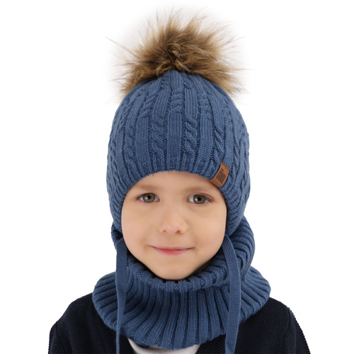 Pojke vinter set: mössa och halsduk, grå, med pompom, knuten, Indigo