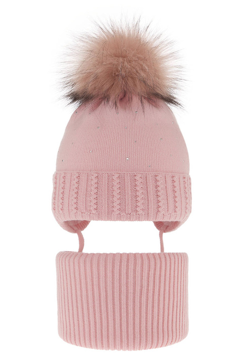 Flicka vinter set: mössa och tubhalsduk, rosa, med knytband, med pompom, Renia