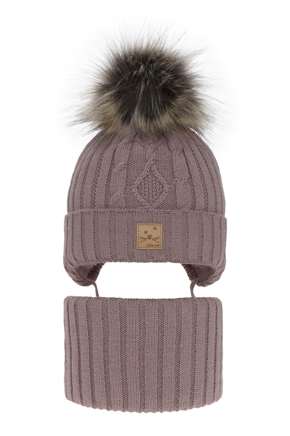 Flicka vinter set: mössa och halsduk, lila, med pompom, Aida