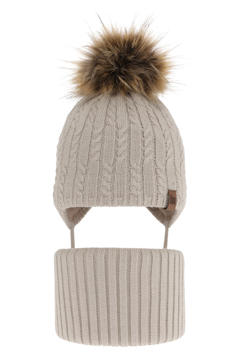 Pojke vinter set: mössa och tubhalsduk, beige, med knytband, med pompom, Indigo