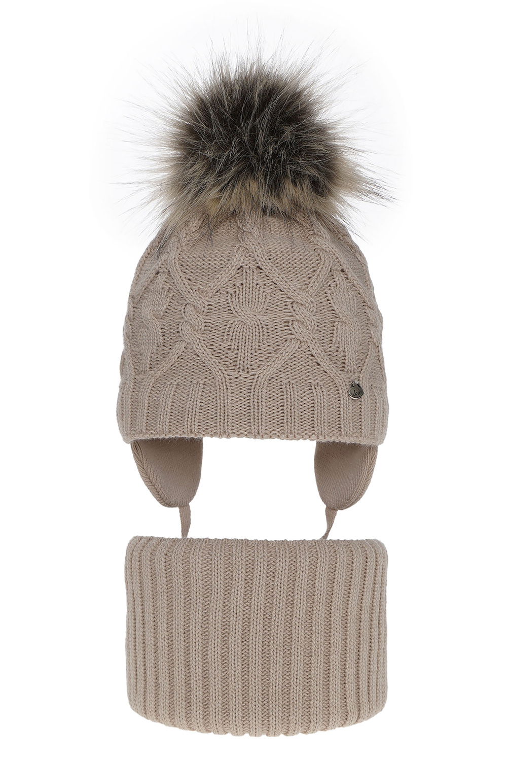 Flicka vinter set: mössa och tubhalsduk, beige, med pompom, Elena