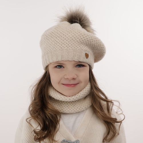 Flicka vinter set: beret och tubhalsduk, rosa, med pompom, Francesca