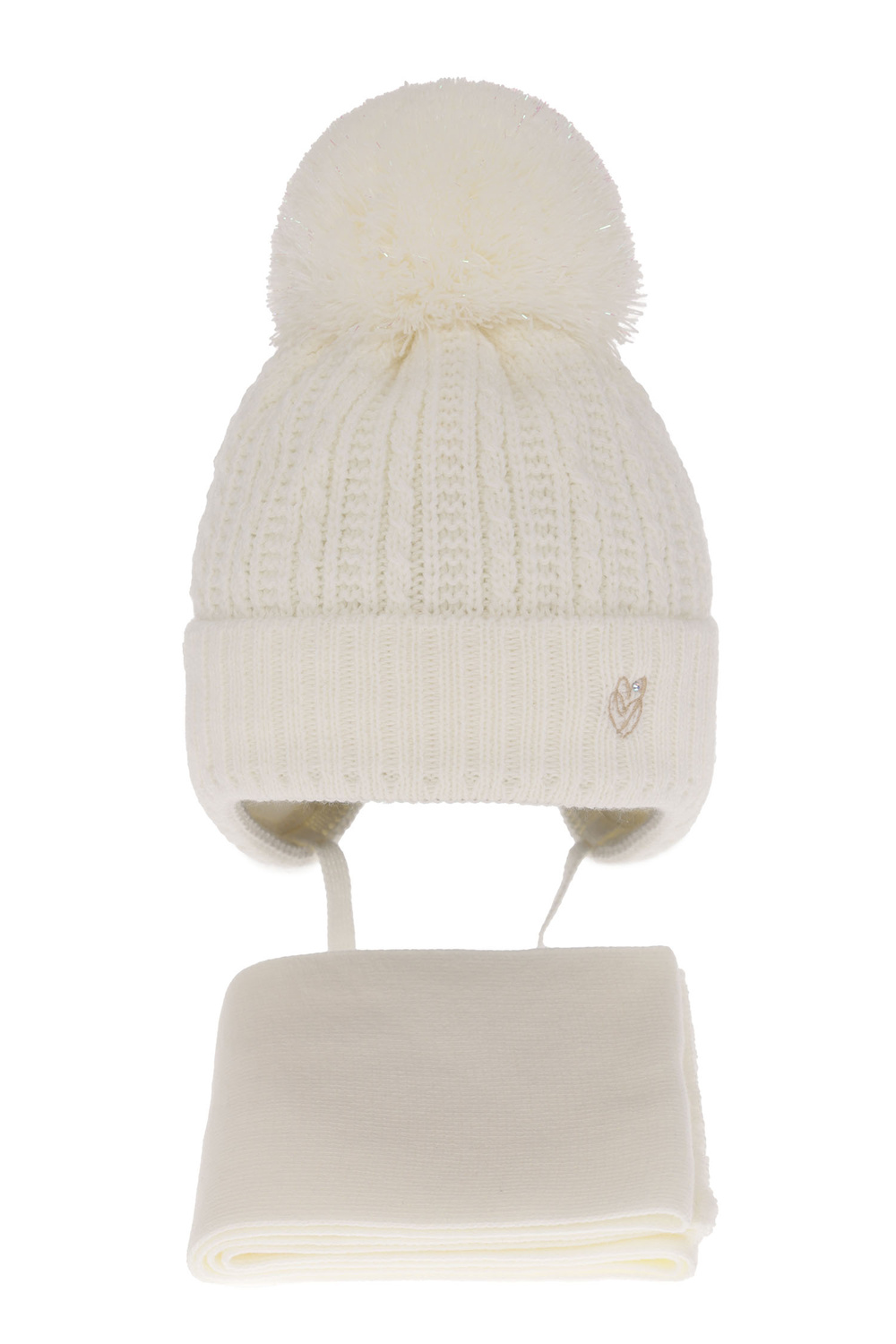 Flicka vinter set: mössa och halsduk, krem, med knytband, med pompom, Marisa