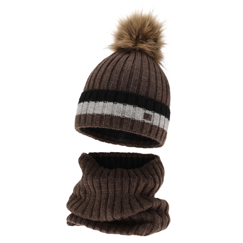 Pojke vinter set: mössa och tubhalsduk, brun, med pompom, fodrad med fleece, Beno