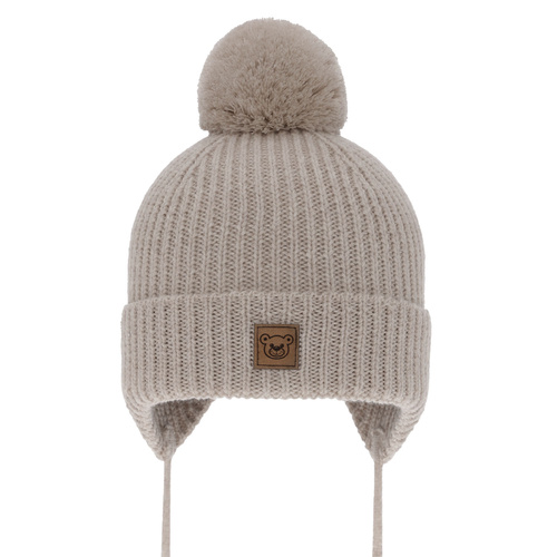Pojke vintermössa, beige, med knytband, 100% Merino Ull, Tacco