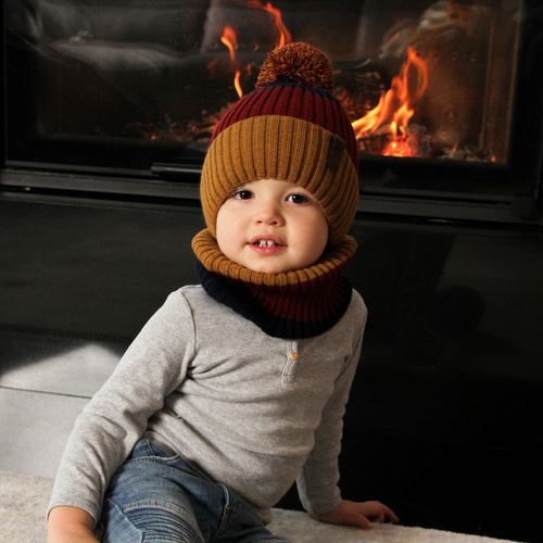 Pojke vinter set: mössa och tubhalsduk, khaki, med pompom, Karson
