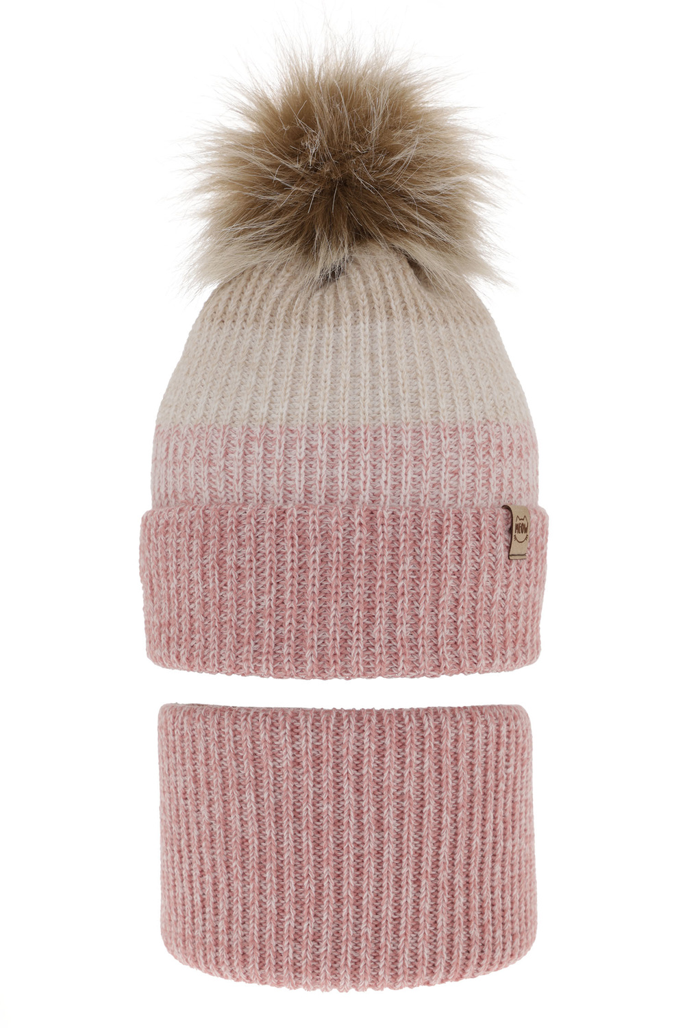 Flicka vinter set: mössa och tubhalsduk, rosa, med pompom, Gimena