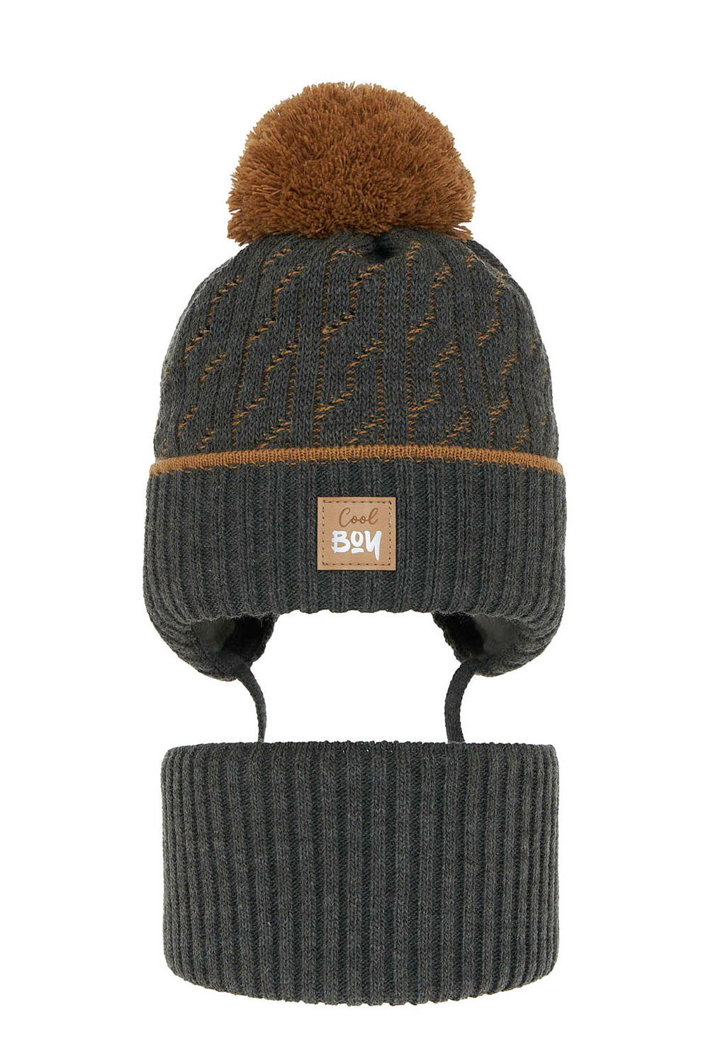 Pojke vinter set: mössa och tubhalsduk, mörkgrå, med pompom, knytband, Pikolo