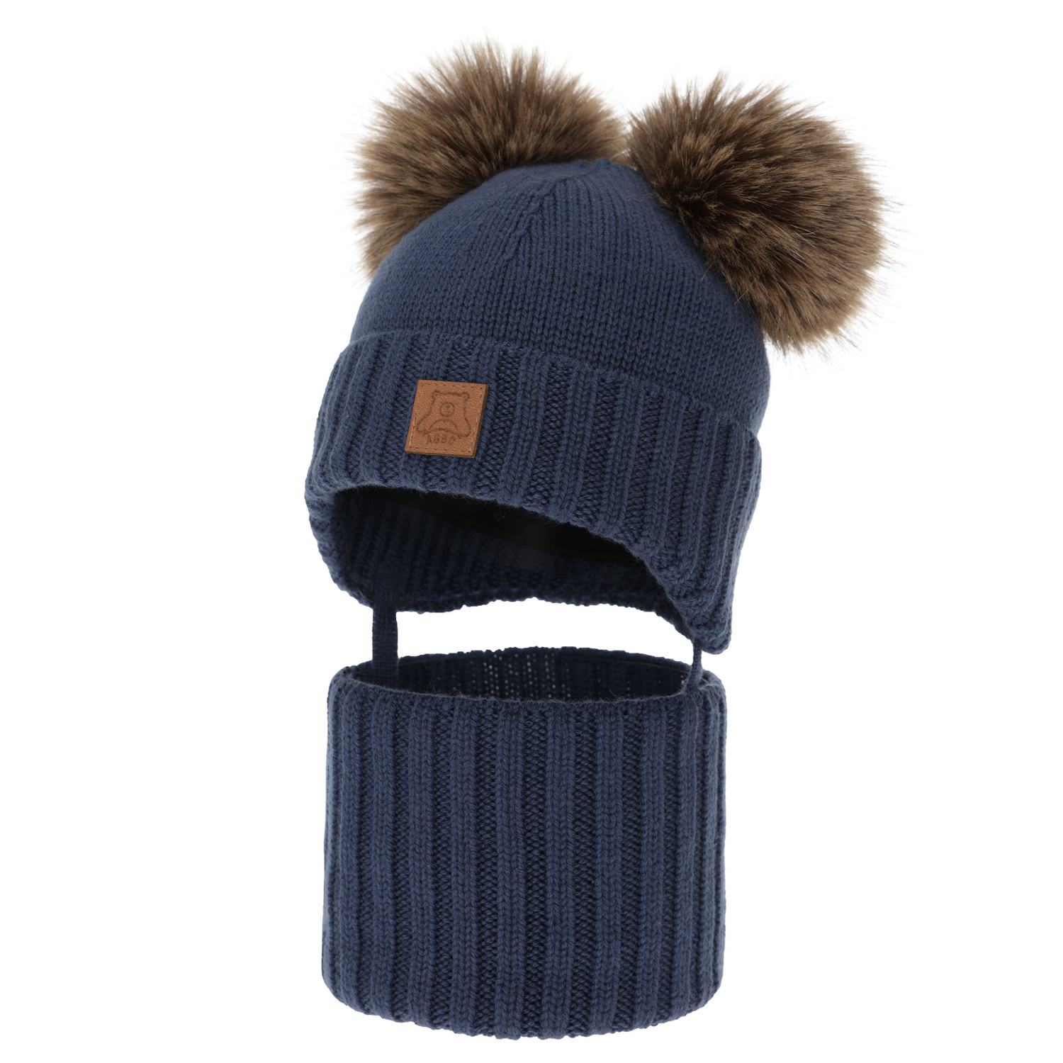 Pojke mössa och tubscarf, vinter set, mörkblå, 100% merinull, fodrad med ullfleece, Ronik