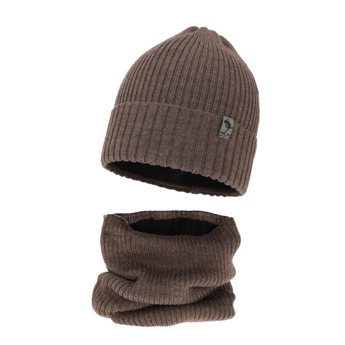 Pojke vinter set: mössa och tubhalsduk, brun, fodrad med fleece, med merinull, Gecko