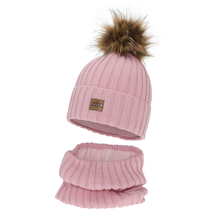 Flicka vinter set: mössa och tubhalsduk, rosa, fodrad med fleece, med merinull, Bellina