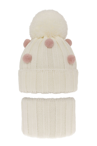 Flicka vinter set: mössa och halsduk, kremowy, med pompom, Hekate