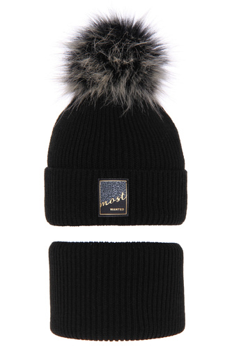 Flicka vinter set: mössa och tubhalsduk, svart, med pompom, Sycylia