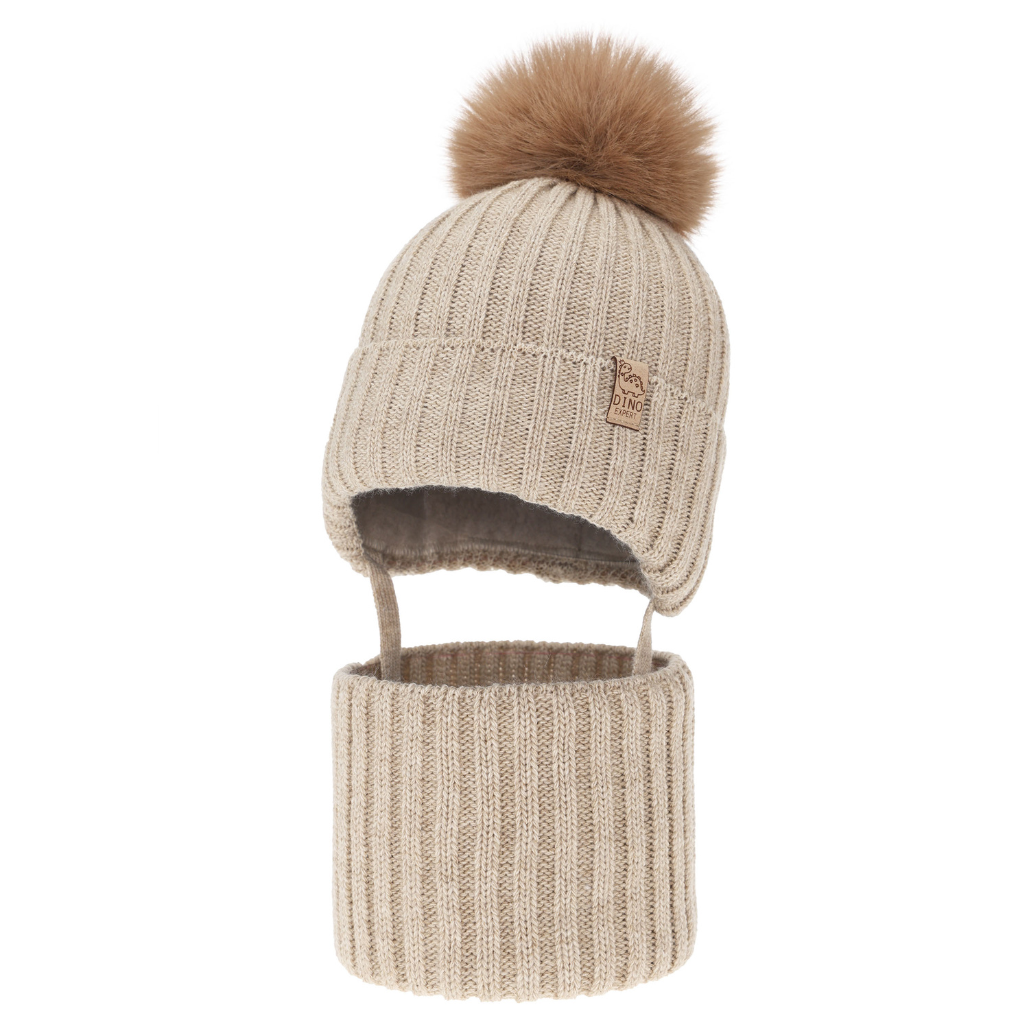 Pojke vinter set: mössa och halsduk, beige, med pompom, Bagil