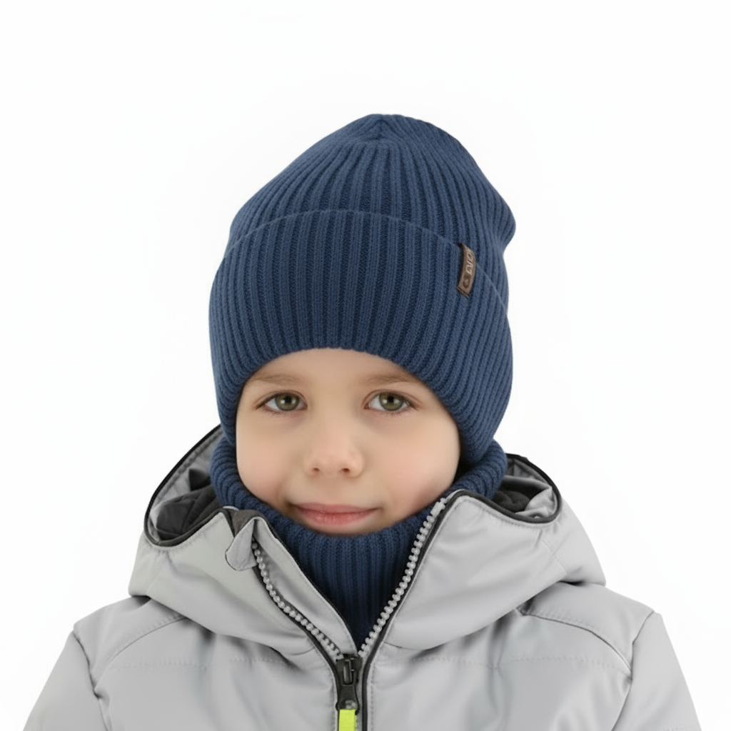 Pojke vinter set: mössa och tubhalsduk, blå mörk, 100% Merino Ull, Gizmo