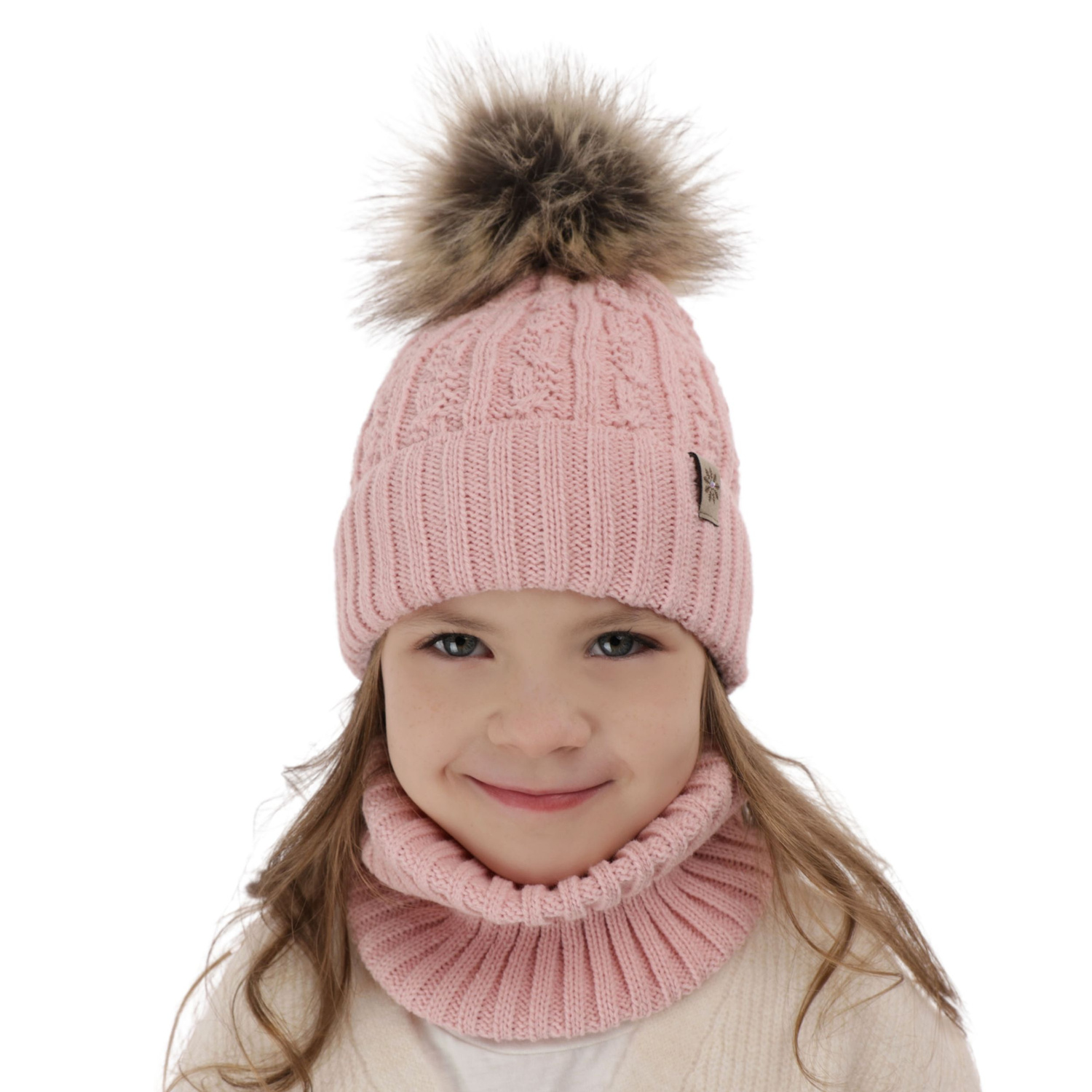 Flicka vinter set: mössa och tubhalsduk, rosa, med pompom, Pretoria