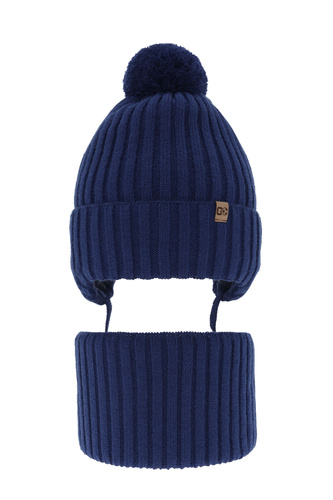 Pojke vinter set: mössa och tubhalsduk, mörkblå, med pompom, knytband, Carlo