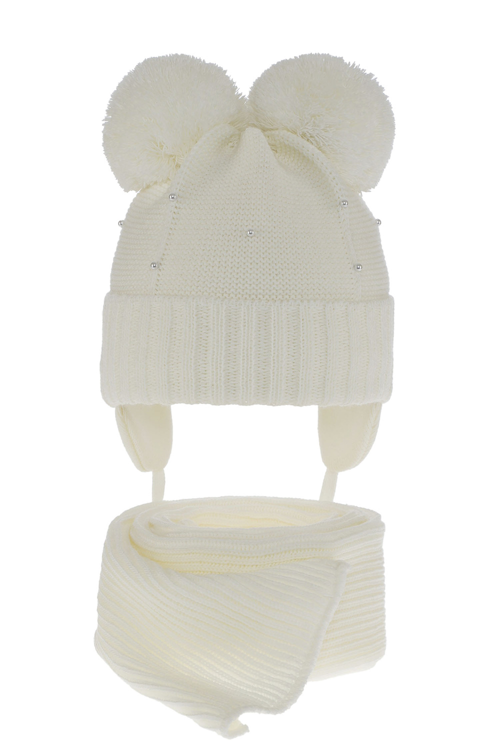 Flicka vinter set: mössa och halsduk, krem, med två pompommar, Fibien