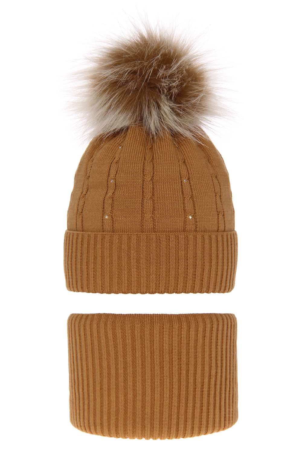 Flicka vinter set: mössa och tubhalsduk, camel, med pompom, Lawa