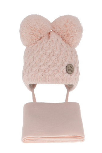 Flicka vinter set: mössa och halsduk, ljusrosa, med två pompommar, knytband, Anava