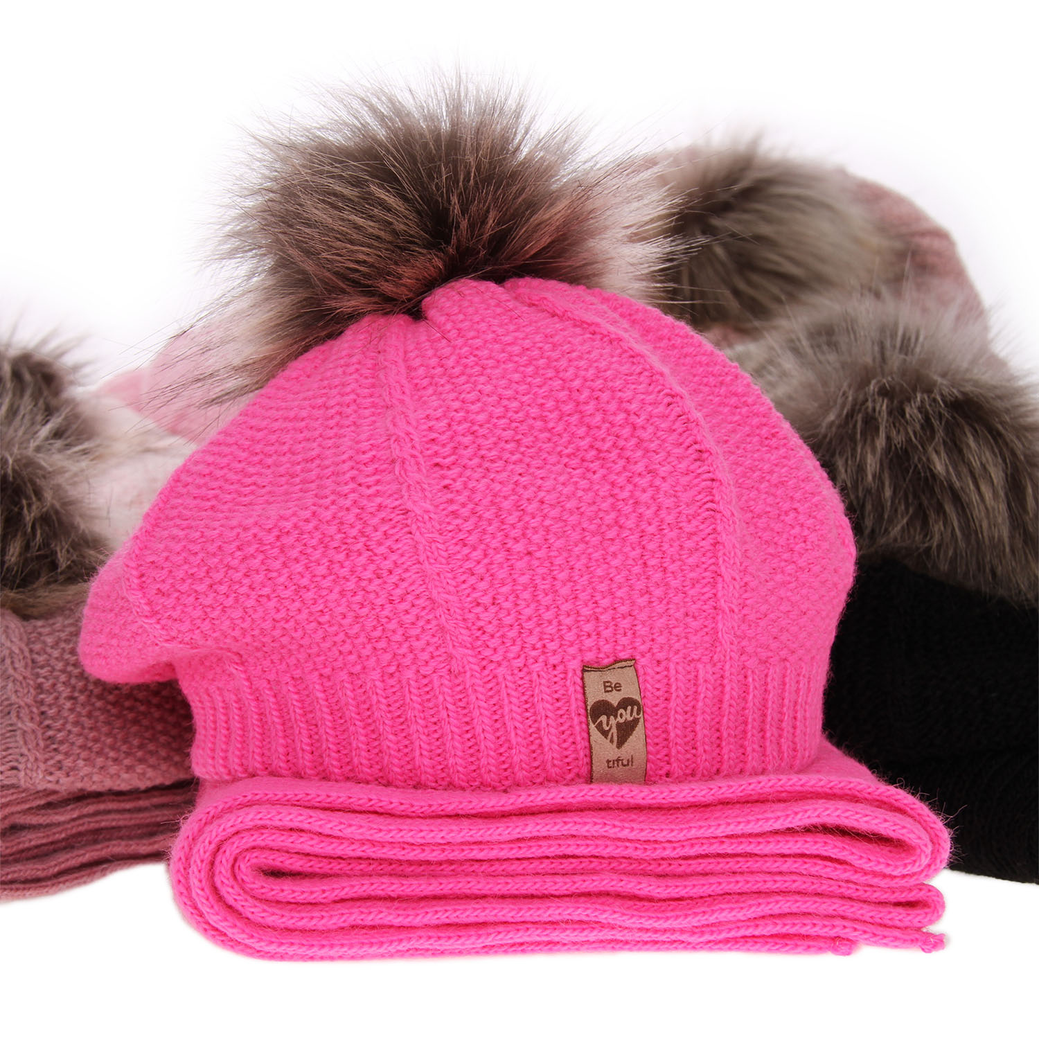 Flicka vinter set: mössa och halsduk, grå, med pompom, Elif