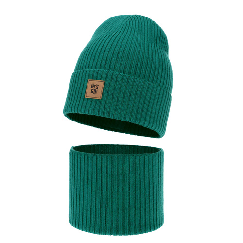 Pojke höst/vår set: mössa och tubhalsduk, grön, 100% Merino Ull, Vanto