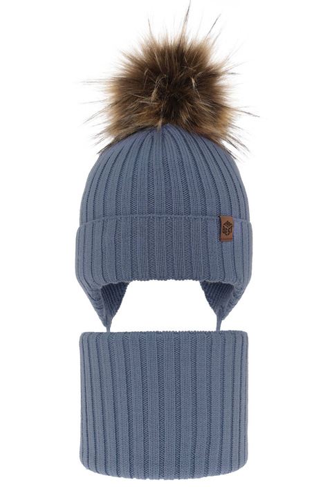 Pojke vinter set: mössa och tubhalsduk, ljusblå, med knytband, 100% Merino Ull, Juno