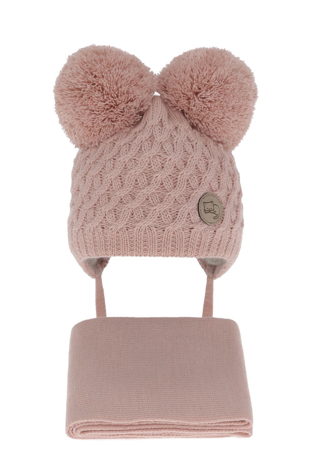 Flicka vinter set: mössa och halsduk, rosa, med två pompommar, med knytband, Anava