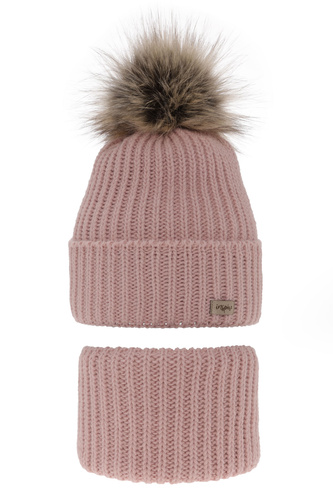 Flicka vinter set: mössa och tubhalsduk, rosa, med pompom, Willow