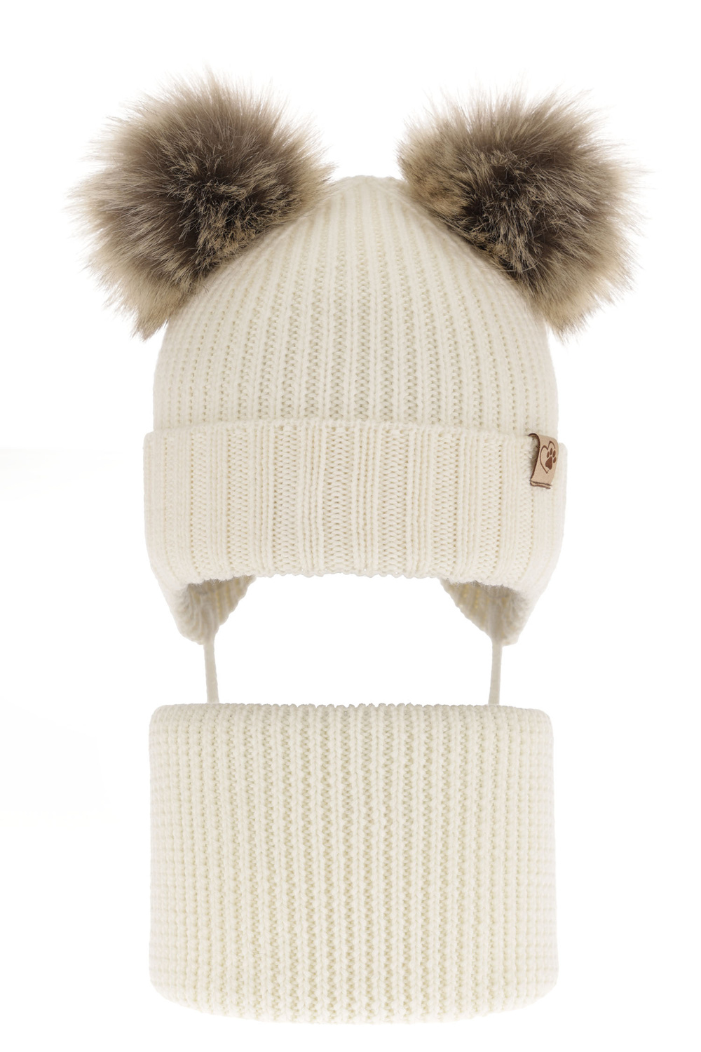 Flicka vinter set: mössa och halsduk, kremowy, med två pompommar, wiązany, 100% Merino Ull, Silvia